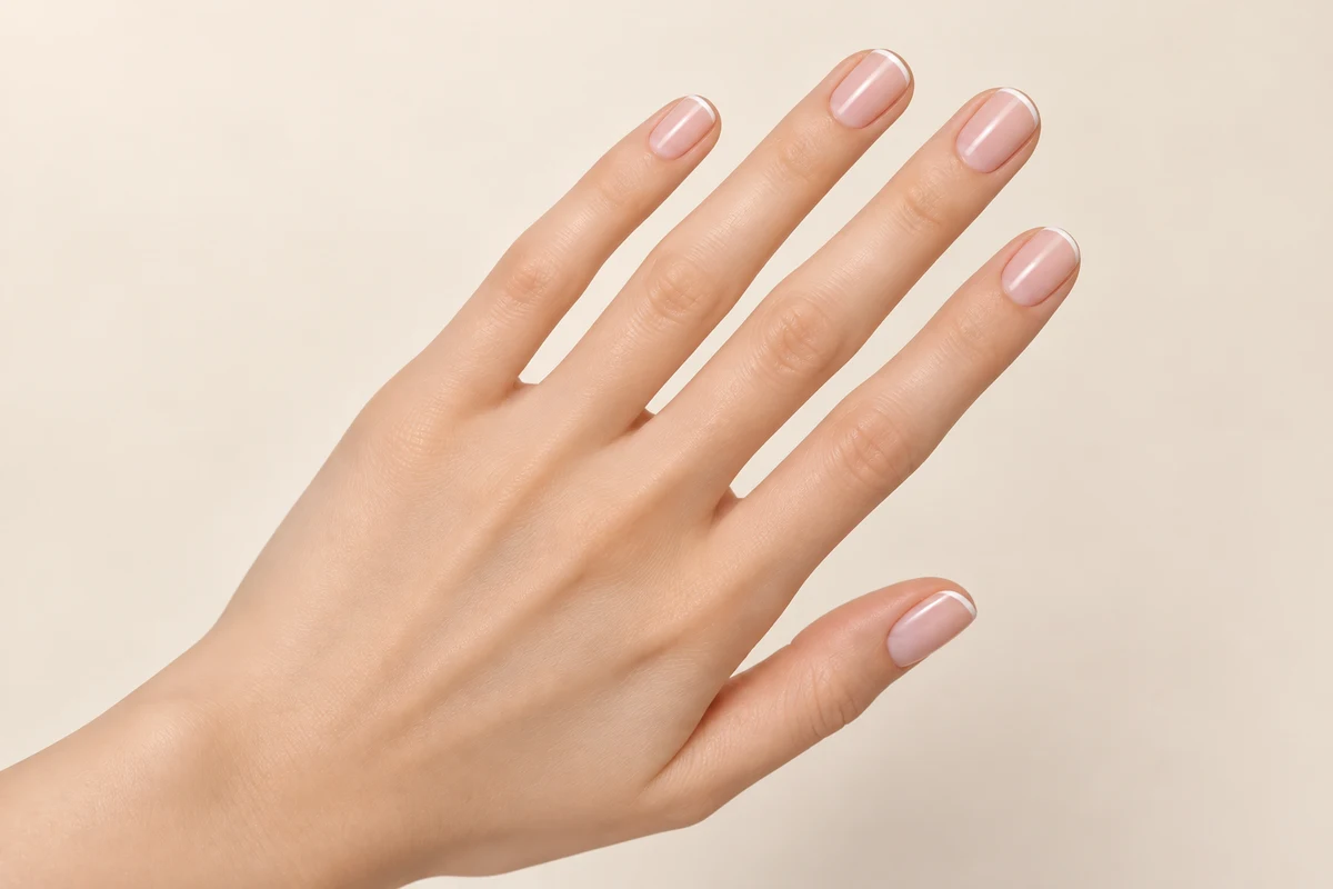 짧고 둥근 다섯 손톱의 밀키 핑크 누드 바탕과 아주 얇은 흰색 끝선을 표현한 베이비 프렌치 일러스트