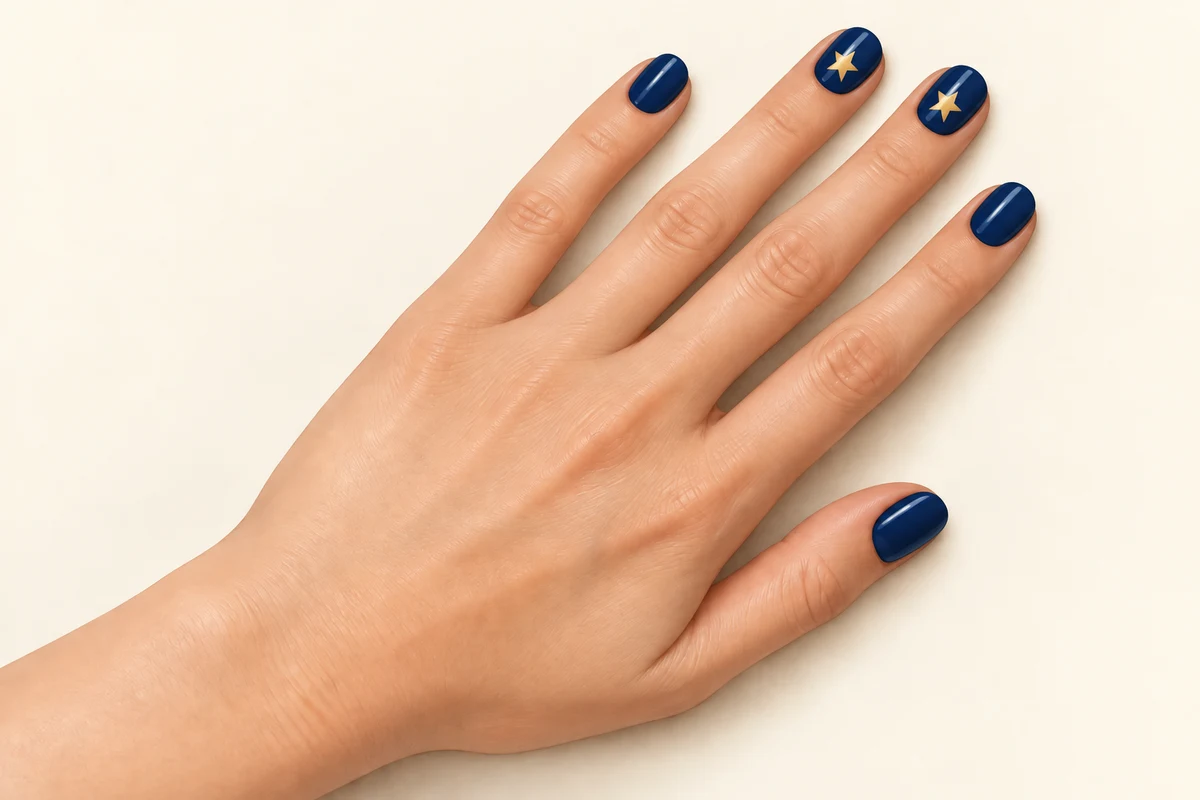 짧은 네이비 라운드 네일의 중지와 약지에 금색 다섯 갈래 별을 하나씩 넣은 그림
